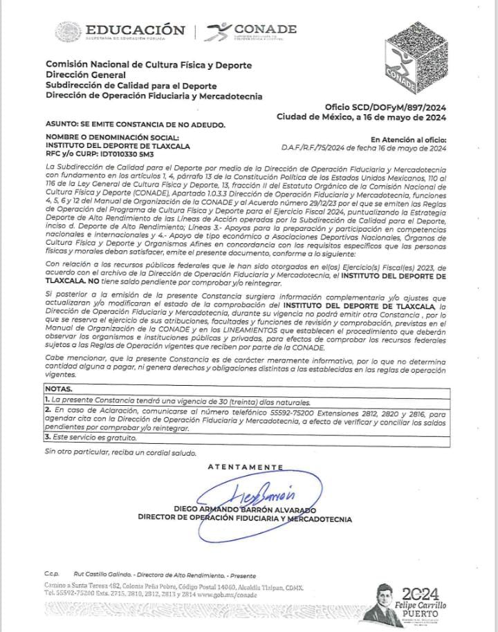 Emite Conade a Instituto del Deporte de Tlaxcala constancia de no adeudo por ejercicio 2023
